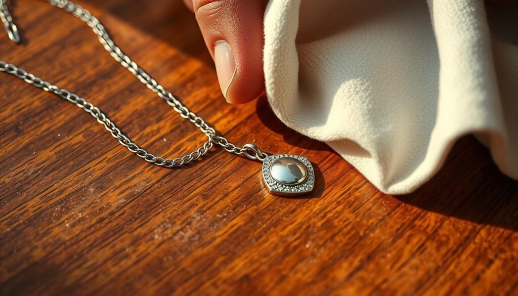 A close-up view of a hand gently polishing a silver necklace with a soft cloth, showcasing the effective removal of light tarnish. The jewelry is placed on a wooden surface, bathed in warm, directional lighting that highlights the shiny, renewed surface. The cloth's delicate movements and the gradual restoration of the silver's luster create a sense of careful, mindful cleaning. The scene conveys a simple, domestic atmosphere, emphasizing the accessibility of this quick, at-home tarnish removal technique.