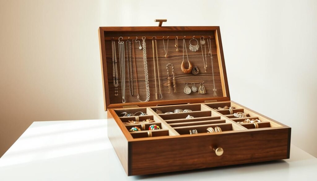 A large, wooden jewelry care organizer sits on a clean, minimalist table. The organizer has multiple compartments and dividers to neatly store and display a variety of fine jewelry pieces, including necklaces, bracelets, and earrings. Soft, diffused lighting from above casts a warm glow, highlighting the natural grain of the wood and the gleam of the metal accents. The organizer is positioned in the foreground, with a plain, off-white background that allows the organization and storage solution to be the focal point. The overall mood is one of elegance, order, and attention to detail - a perfect complement to the section on caring for large, statement jewelry pieces.