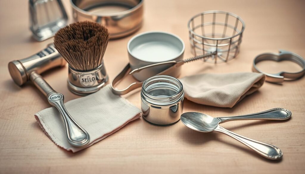 A neatly arranged collection of silver cleaning supplies and tools rests on a minimalist, light-colored wooden surface. In the foreground, a soft-bristle brush, a polishing cloth, and a small jar of silver polish catch the warm, diffused lighting, their metallic surfaces gleaming. In the middle ground, a pair of tarnished silver tongs and a small bowl filled with a gentle cleaning solution stand ready for use. The background features a few additional accessories like a silver-dipping basket and a magnifying glass, all photographed from a slightly elevated angle to showcase the elegance and utility of this essential home silver care setup.