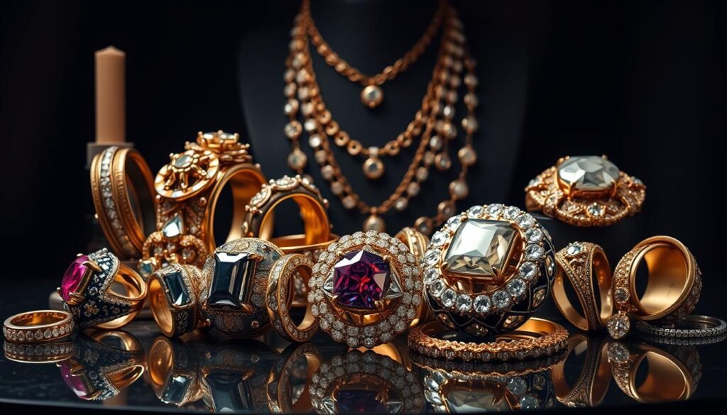 A stylish and luxurious still life showcasing a collection of oversized, opulent jewelry pieces against a dark, moody backdrop. The foreground features a variety of bold, statement-making rings, bracelets, and necklaces crafted from gleaming precious metals and sparkling gemstones, arranged in an elegant and visually striking composition. The middle ground showcases the jewelry pieces in intricate detail, with a focus on their intricate designs and large, substantial sizes, perfect for adorning extra-large wrists. The background is shrouded in deep, dramatic shadows, creating a sense of exclusivity and high-end luxury. Warm, focused lighting illuminates the jewelry, making the surfaces glisten and reflect, drawing the viewer's eye to the main subject. The overall mood is one of indulgence, opulence, and unapologetic style.