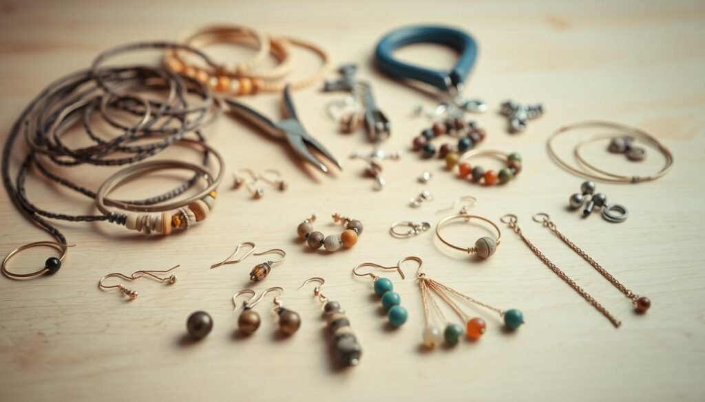 A well-lit, still life arrangement featuring a variety of simple, handcrafted jewelry pieces on a clean, wooden surface. In the foreground, a selection of earrings, necklaces, and bracelets made with natural materials like beads, stones, and wire. In the middle ground, a few tools and supplies like pliers, wire cutters, and findings. The background is softly blurred, highlighting the jewelry as the focal point. The overall scene conveys a sense of minimalism, creativity, and the approachable nature of beginner-level jewelry making.