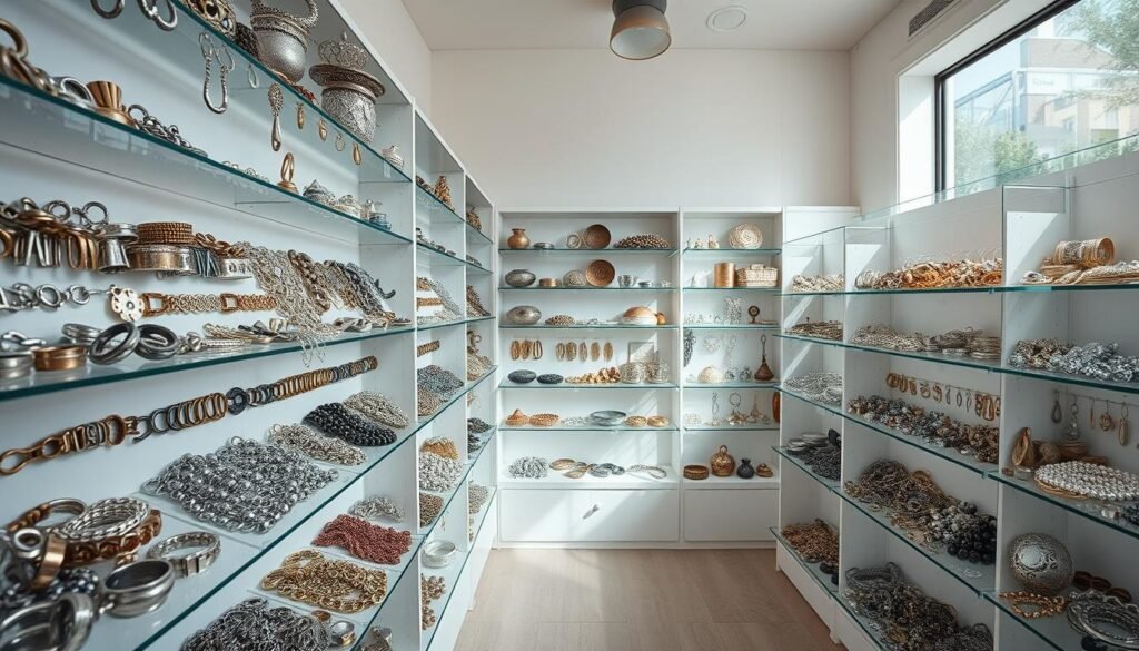 a well-lit jewelry showroom filled with various jewelry findings, including clasps, hooks, bead caps, and other metal components. The shelves are neatly arranged, displaying an array of silver, gold, and copper findings in different shapes and sizes. Soft natural lighting illuminates the space, highlighting the intricate details and textures of the jewelry components. The room has a clean, professional atmosphere, with a sense of curation and organization that conveys the high-quality nature of the products on display. The camera angle is slightly elevated, providing a comprehensive view of the showcase and the diverse selection of jewelry-making supplies available.