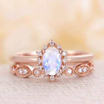 Blue Natural Moonstone Ring Set , 14K Rose Gold Moonstone Stacking Rings