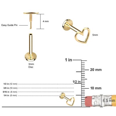 Jóias para piercing na orelha em ouro 14K com contorno de coração e parafuso prisioneiro com rosca na parte de trás