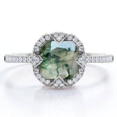 Halo Bezel Cluster  Asscher Cut Opaque Milky  Moss Green  Agate And Moissanite Pave Engagement Ring