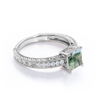 Princess Cut natürlichen Druzy Moos grün Achat und Moissanit Milgrain Grenze viktorianischen Pave Verlobungsring
