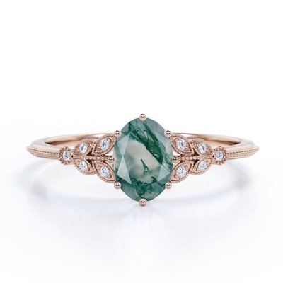 マーキスシェイプ フィリグリー ミルグレイン オベイト ナチュラル ドゥルージー モスグリーンアゲート モアッサナイト クラスター 6プロング エンゲージリング