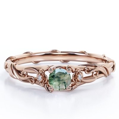 Pasado Presente Futuro Bisel Floral 0.55 Quilates Corte Redondo Natural Transparente Musgo Verde Ágata y Moissanite Vid Engagemen