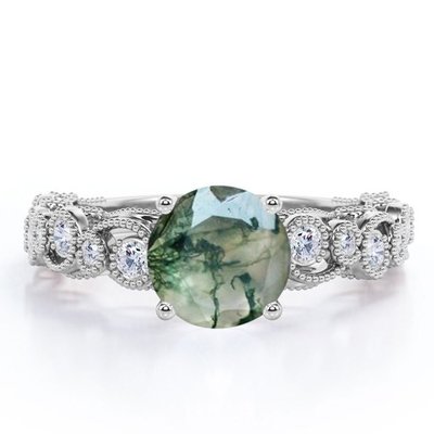 Milgrain Filigree Flush Round Genuine Druzy Moss Green Agate And Moissanite 4 Prong Antique Style Engagement Ring