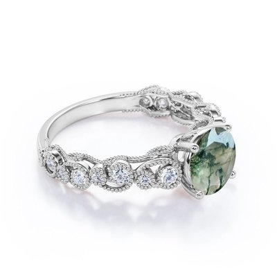 Milgrain Filigree Flush Round Genuine Druzy Moss Green Agate And Moissanite 4 Prong Antique Style Engagement Ring