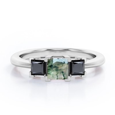 Minimalist Square V-Prong - 0.45 TCW Princess Cut Moss Green Agate with Lab Created Three-Stone Engagement