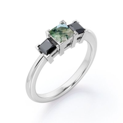 Minimalist Square V-Prong - 0.45 TCW Princess Cut Moss Green Agate with Lab Created Three-Stone Engagement