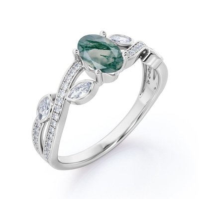 Snowflake Hexagon Moss Agate Ring with Moissanites for Women