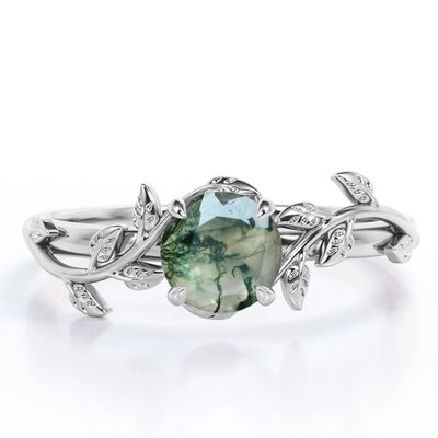 pc145036759-round_cut_moss_green_agate_leafy_single_stone_engagement_ring_in_white_gold Runder Schliff Moosgrüner Achat Blattförmiger Einzelstein Verlobungsring aus Weißgold