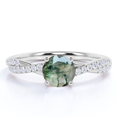 Round Natural Druzy Moss Green Agate And Moissanite Pave Twisted Infinity Engagement Ring