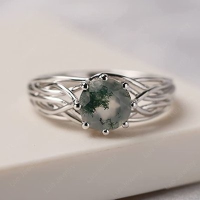 pc145037788-classic_7_stone_1_1_carat_oval_cut_moss_green_agate_and_plain_shank_wedding_ring_in_white_gold Classic 7 Stone 1.1 carat Oval Cut Moss Green Agate and Plain Shank Wedding Ring in White Gold