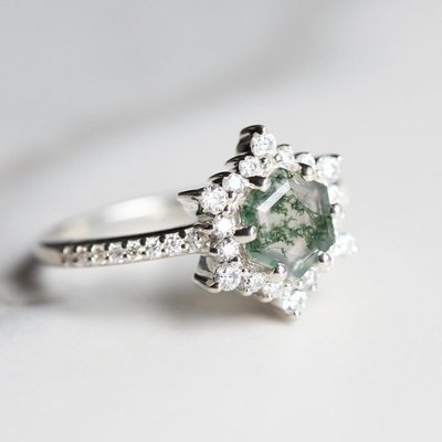 Snowflake Hexagon Moss Agate Ring with Moissanites for Women