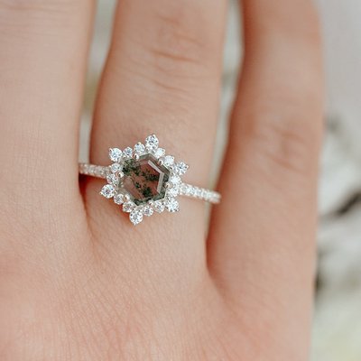 Snowflake Hexagon Moss Agate Ring with Moissanites for Women