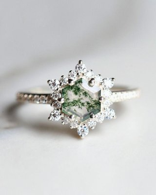 Snowflake Hexagon Moss Agate Ring with Moissanites for Women