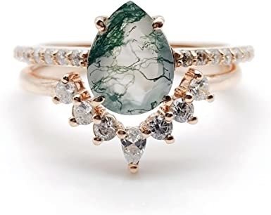 Moosachat Smaragd Ring Set , Jahrestag Schmuck Geschenk Versprechen Ehering