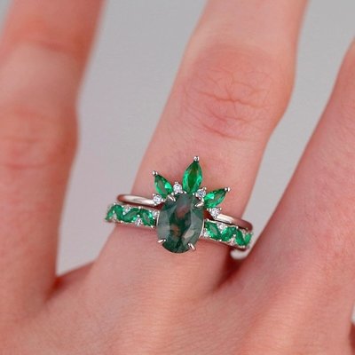 Moosachat Smaragd Ring Set , Jahrestag Schmuck Geschenk Versprechen Ehering