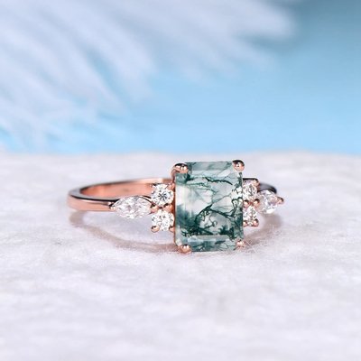 Emerald Cut Antique Aquatic Green Agate Stone Ring Hypoallergenic