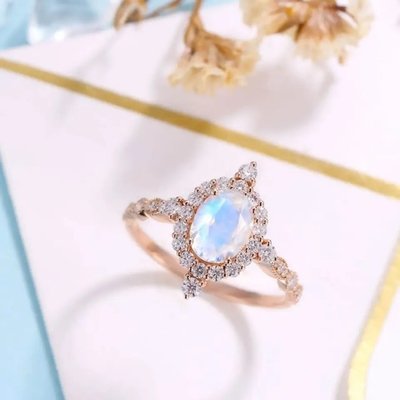 最新ローズゴールドプレーティング925スターリングシルバージュエリーオーバルカットブルームーンストーン婚約指輪