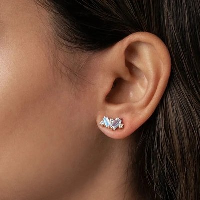 Brincos de pedra da lua arco-íris Brincos de pedra da lua natural com corte em baguete Jóias