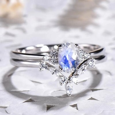 925 Sterling Silver Natural Stone Jewelry Rainbow Blue Moonstone Wedding Ring Set
