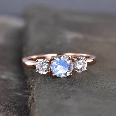 14K Rose Gold Oval Cabochon Cut Moonstone Engagement Ring Moonstone Halo Rings Jewelry