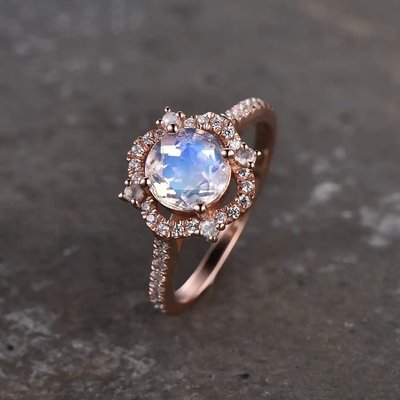 14K Rose Gold Oval Cabochon Cut Moonstone Engagement Ring Moonstone Halo Rings Jewelry