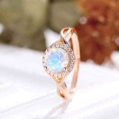 14K Rose Gold Oval Cabochon Cut Moonstone Engagement Ring Moonstone Halo Rings Jewelry