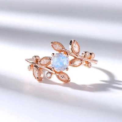 High Quality 925 Sterling Silver Natural Stone Jewelry Faceted Rainbow Moonstone Leaf Ring