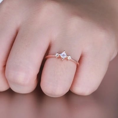 Trendy Ring for Women 925 Sterling Silver Moonstone Ring Rose Gold Plated Princess Cut Dainty Engagement Ring