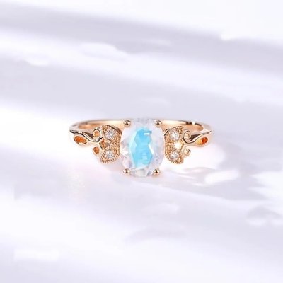 Fashion Jewelry Genuine Blue Moonstone Ring 925 Sterling Silver Plated Rose Gold