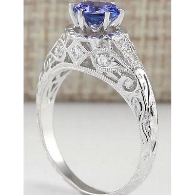 Anel de Tanzanite Simulado Natural em Prata de Lei - Anel de Noivado Alternativo Artístico - Anel de Casamento Feito à Mão
