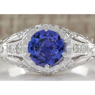 Anel de Tanzanite Simulado Natural em Prata de Lei - Anel de Noivado Alternativo Artístico - Anel de Casamento Feito à Mão