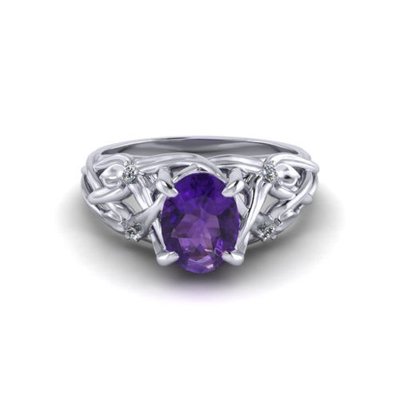 Floral Amethyst Ring In 14k White Gold, 6x8mm Amethyst, Diamond .06cttw