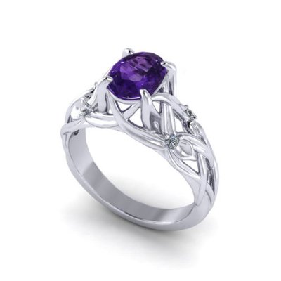 Floral Amethyst Ring In 14k White Gold, 6x8mm Amethyst, Diamond .06cttw