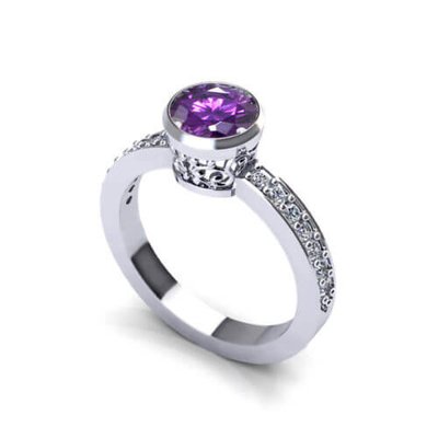 Floral Amethyst Ring In 14k White Gold, 6x8mm Amethyst, Diamond .06cttw