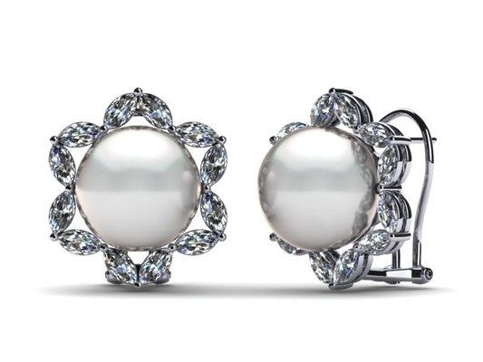 14K White Gold Jewelry & White Freshwater Cultured Pearl Marquise Earring