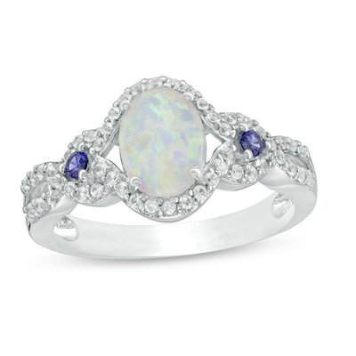 7.0mm Lab-Created Opal and White Sapphire Frame Ring in Sterling Silver