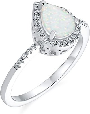Petite Gemstone Micro Pave CZ Halo Creado White Opal Ring Pear Shape Teardrop
