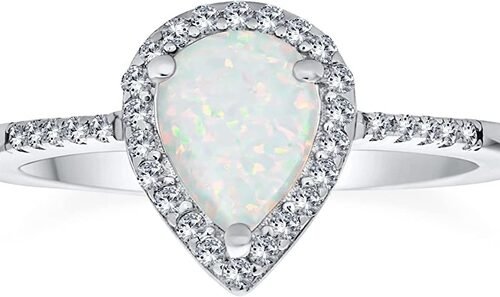 Petite Gemstone Micro Pave CZ Halo Creado White Opal Ring Pear Shape Teardrop