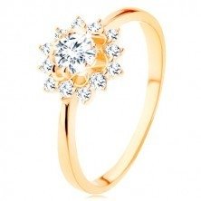 9K Yellow Two Tone Gold Round Diamond Halo Circle Engagement Ring - Prong Set Solitaire Center Setting Shape