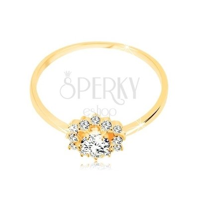 9K Yellow Two Tone Gold Round Diamond Halo Circle Engagement Ring - Prong Set Solitaire Center Setting Shape