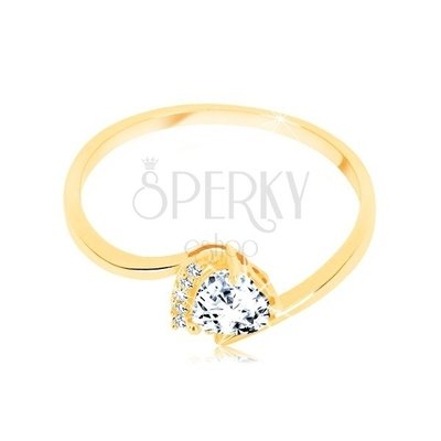 9K Gold Ring, Heart Cut Zircon In Clear Colour Gripped Between Bent Ends Of Shoulders, Decorated Mount