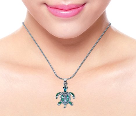 Green Sea Turtle Necklace Silver Chain Jewelry with Rhinestone  Pendant For Casual Formal Attire Sea Life  Necklace