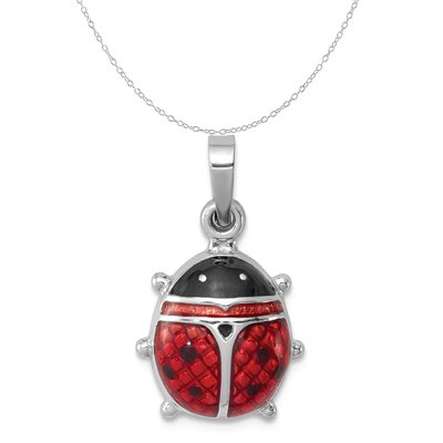 925 Sterling Silver 3D Red Enamel Ladybug Charm Pendant Necklace
