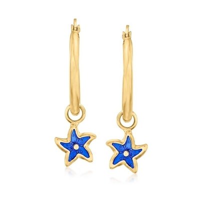 Italian Blue Enamel Starfish Hoop Earrings in 14kt Yellow Gold. 1 1/4